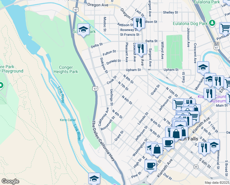 map of restaurants, bars, coffee shops, grocery stores, and more near 520 Doty Street in Klamath Falls
