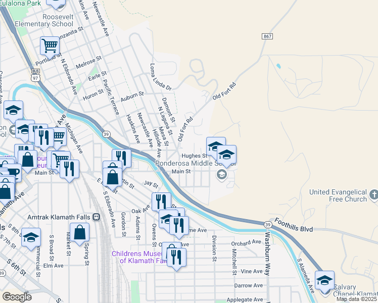 map of restaurants, bars, coffee shops, grocery stores, and more near 2235 Hughes St in Klamath Falls