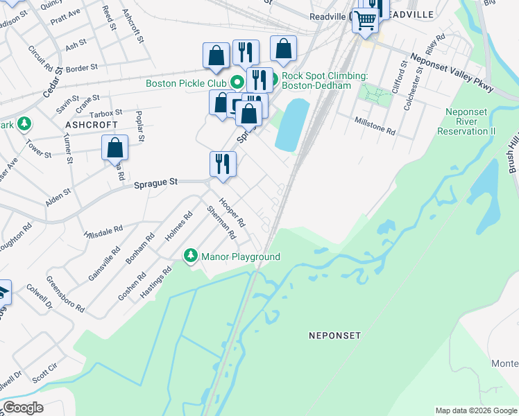 map of restaurants, bars, coffee shops, grocery stores, and more near 72 Durham Road in Dedham