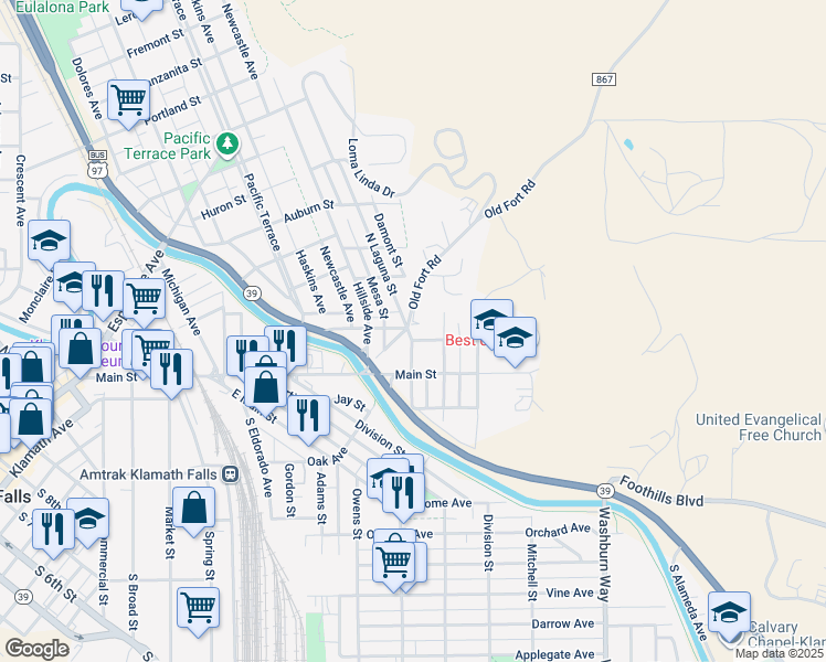 map of restaurants, bars, coffee shops, grocery stores, and more near 157 - North Laguna Street in Klamath Falls