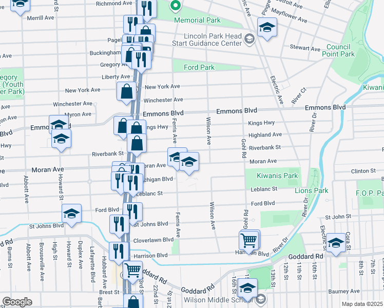 map of restaurants, bars, coffee shops, grocery stores, and more near 953 Riverbank Street in Lincoln Park