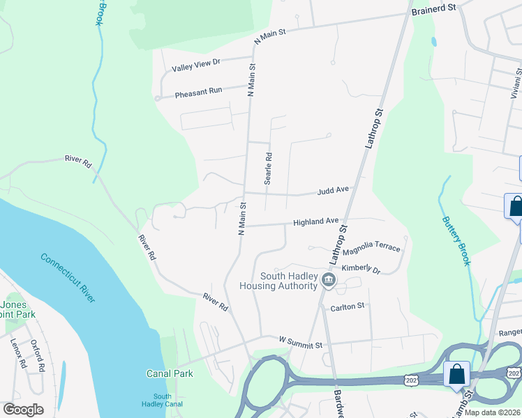 map of restaurants, bars, coffee shops, grocery stores, and more near 14 Searle Road in South Hadley