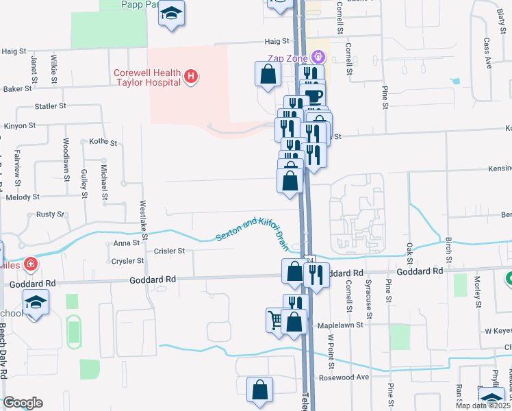 map of restaurants, bars, coffee shops, grocery stores, and more near 24336 Melody Lane in Taylor