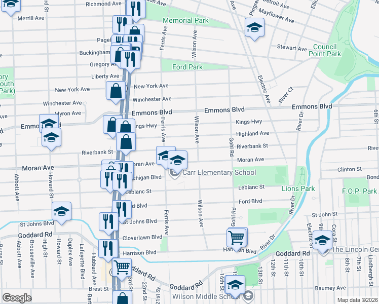 map of restaurants, bars, coffee shops, grocery stores, and more near 925 Riverbank Street in Lincoln Park
