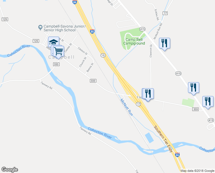 map of restaurants, bars, coffee shops, grocery stores, and more near 8575 Main Street in Campbell