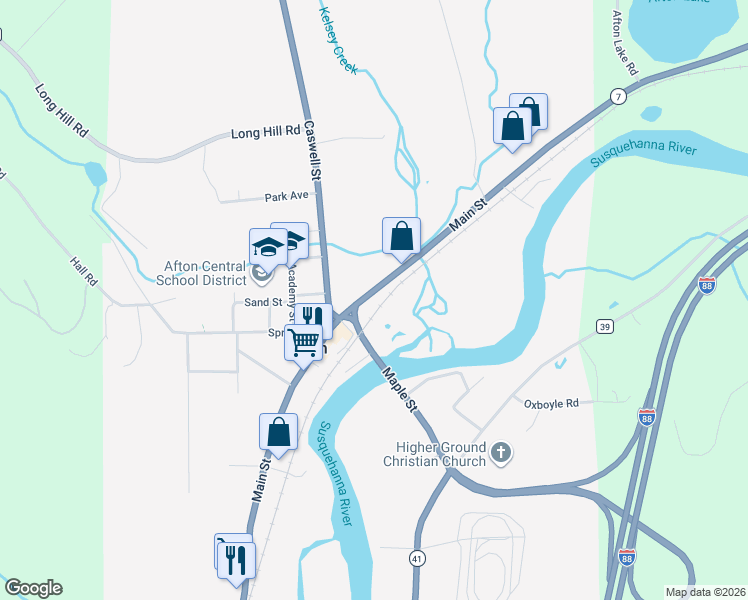 map of restaurants, bars, coffee shops, grocery stores, and more near 222 Main Street in Afton