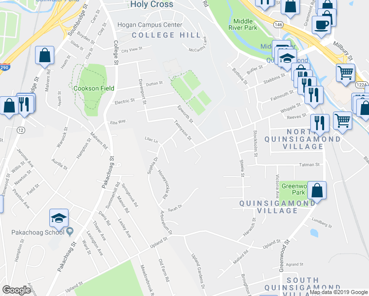 map of restaurants, bars, coffee shops, grocery stores, and more near 134 Whipple Street in Worcester