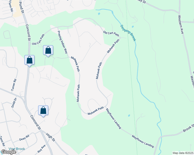map of restaurants, bars, coffee shops, grocery stores, and more near Mohawk Path in Holliston