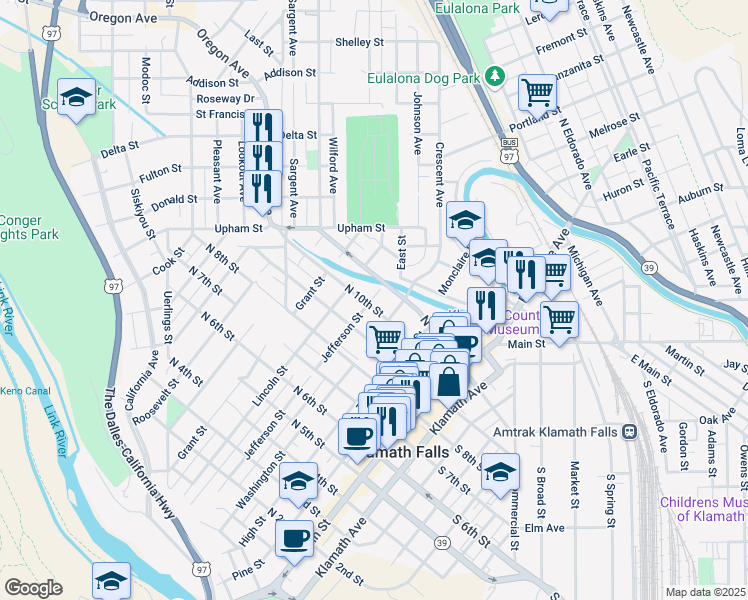 map of restaurants, bars, coffee shops, grocery stores, and more near 504 North 10th Street in Klamath Falls
