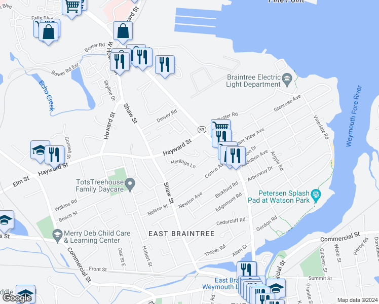 map of restaurants, bars, coffee shops, grocery stores, and more near 261 Hayward Street in Braintree
