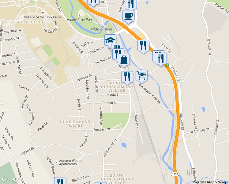 map of restaurants, bars, coffee shops, grocery stores, and more near 12 Kosta Street in Worcester
