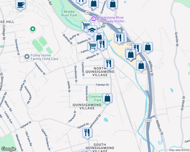 map of restaurants, bars, coffee shops, grocery stores, and more near 28 Kosta Street in Worcester