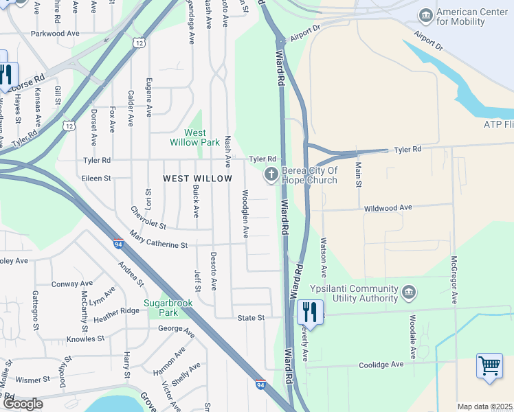 map of restaurants, bars, coffee shops, grocery stores, and more near 1151 Woodglen Avenue in Ypsilanti