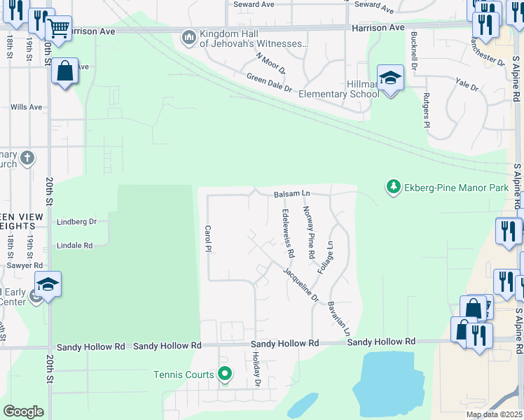 map of restaurants, bars, coffee shops, grocery stores, and more near 2803 Balsam Court in Rockford