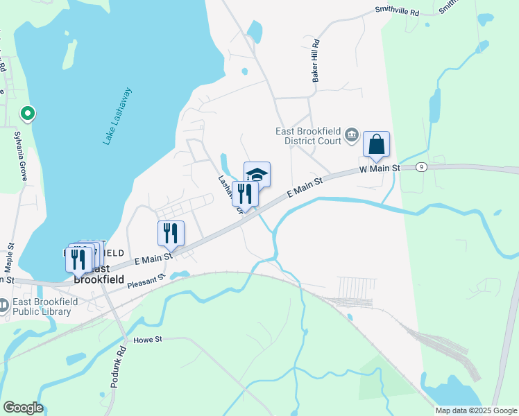 map of restaurants, bars, coffee shops, grocery stores, and more near 410 East Main Street in East Brookfield