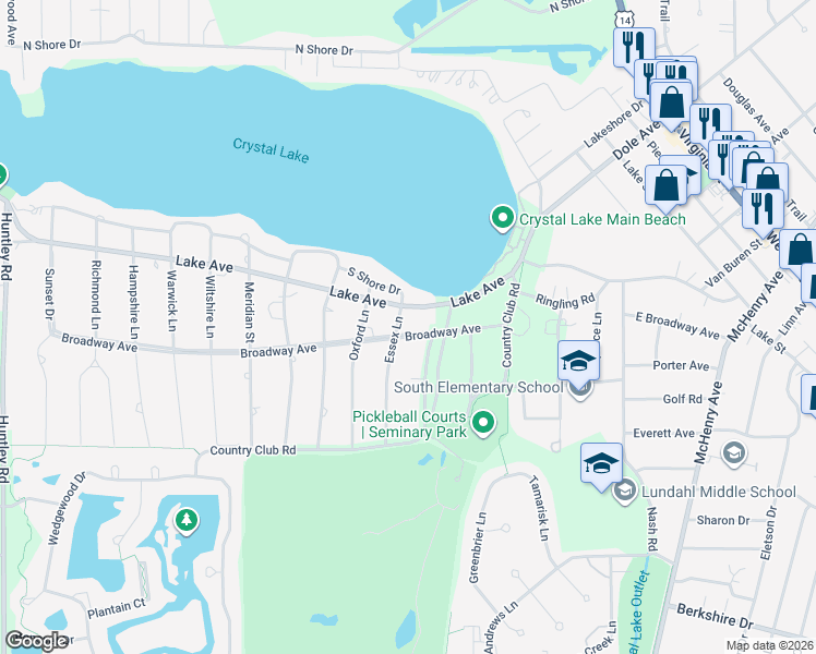 map of restaurants, bars, coffee shops, grocery stores, and more near 750 Broadway Avenue in Crystal Lake