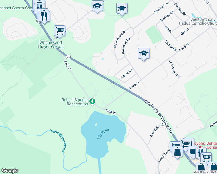 map of restaurants, bars, coffee shops, grocery stores, and more near 10 Ridge Top Road in Cohasset