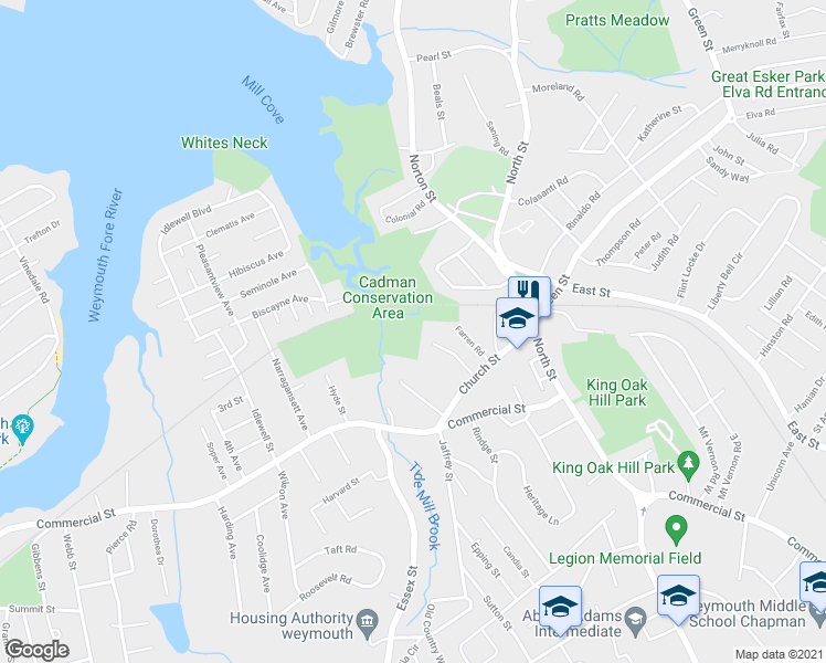 map of restaurants, bars, coffee shops, grocery stores, and more near 52 Tick Tock Lane in Weymouth