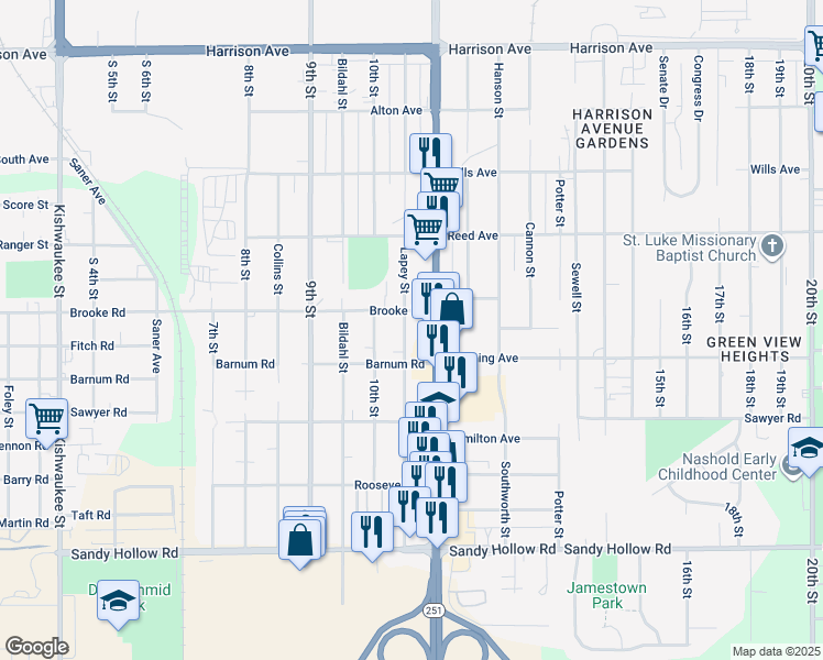 map of restaurants, bars, coffee shops, grocery stores, and more near 3014 Lapey Street in Rockford