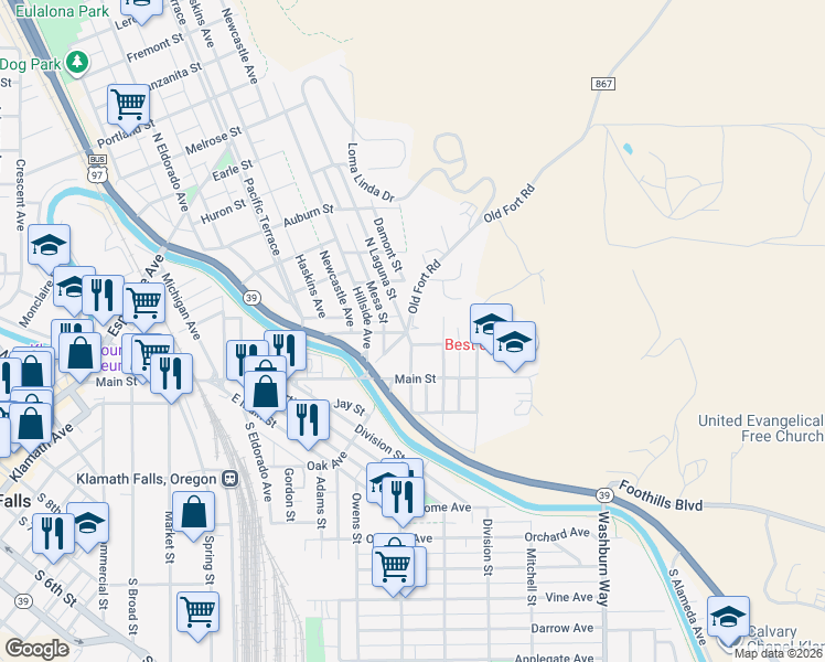 map of restaurants, bars, coffee shops, grocery stores, and more near 161 North Laguna Street in Klamath Falls