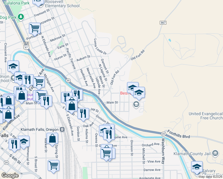 map of restaurants, bars, coffee shops, grocery stores, and more near 165 North Laguna Street in Klamath Falls