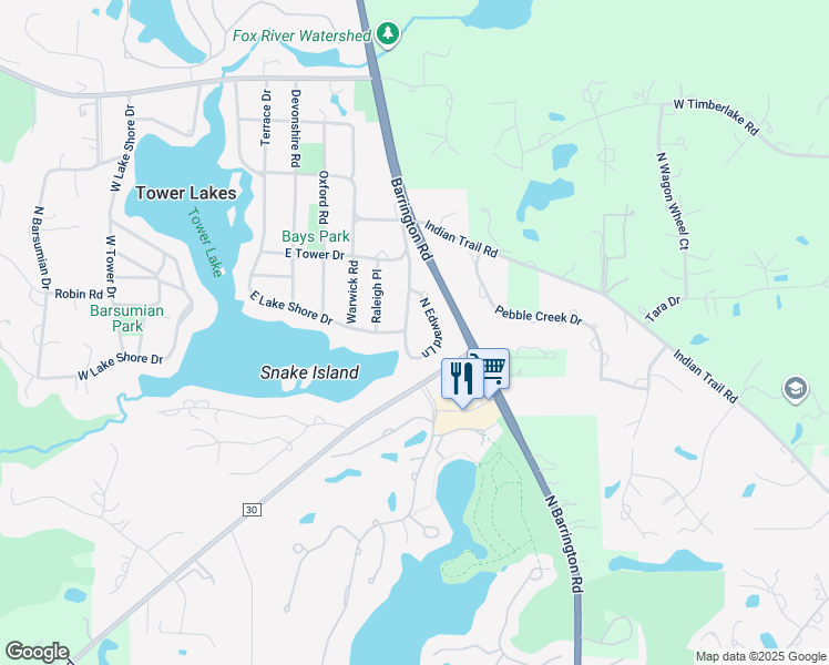 map of restaurants, bars, coffee shops, grocery stores, and more near 801 East Lake Shore Drive in Tower Lakes