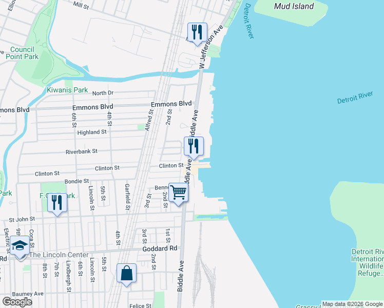 map of restaurants, bars, coffee shops, grocery stores, and more near 439 Biddle Avenue in Wyandotte
