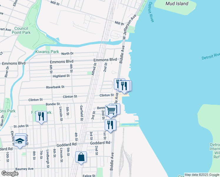 map of restaurants, bars, coffee shops, grocery stores, and more near 165 South Riverbank Avenue in Wyandotte