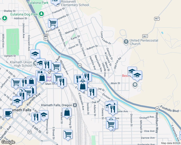 map of restaurants, bars, coffee shops, grocery stores, and more near 201 Crater Lake Parkway in Klamath Falls