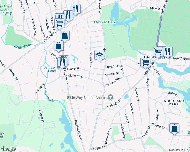 map of restaurants, bars, coffee shops, grocery stores, and more near 172 Clover Street in Worcester