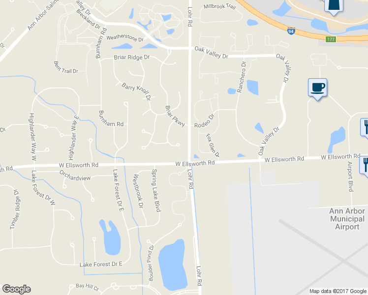 map of restaurants, bars, coffee shops, grocery stores, and more near 3899 Lake Pointe Lane in Ann Arbor