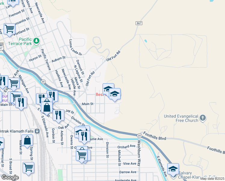 map of restaurants, bars, coffee shops, grocery stores, and more near 151 North Williams Avenue in Klamath Falls