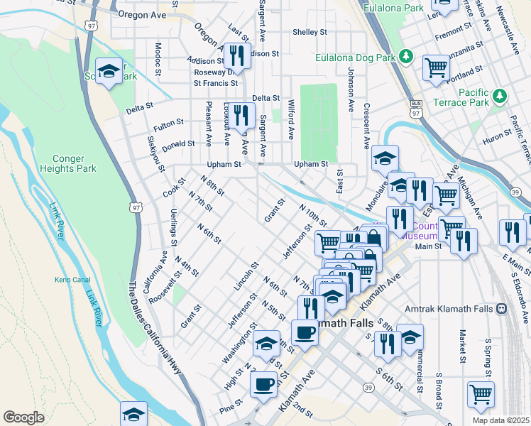 map of restaurants, bars, coffee shops, grocery stores, and more near 705 North 8th Street in Klamath Falls