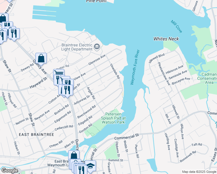 map of restaurants, bars, coffee shops, grocery stores, and more near 111 Arborway Drive in Braintree