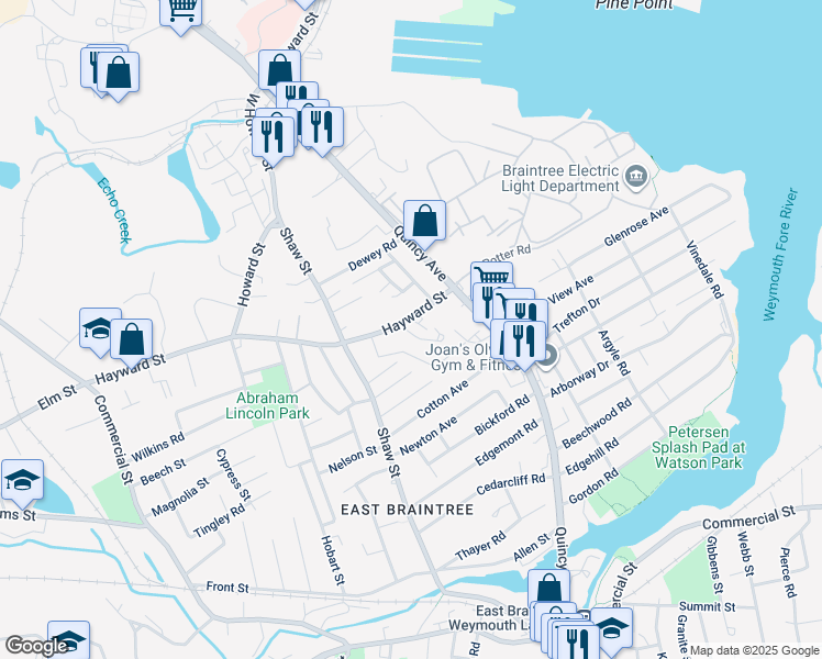 map of restaurants, bars, coffee shops, grocery stores, and more near 22 Heritage Lane in Braintree