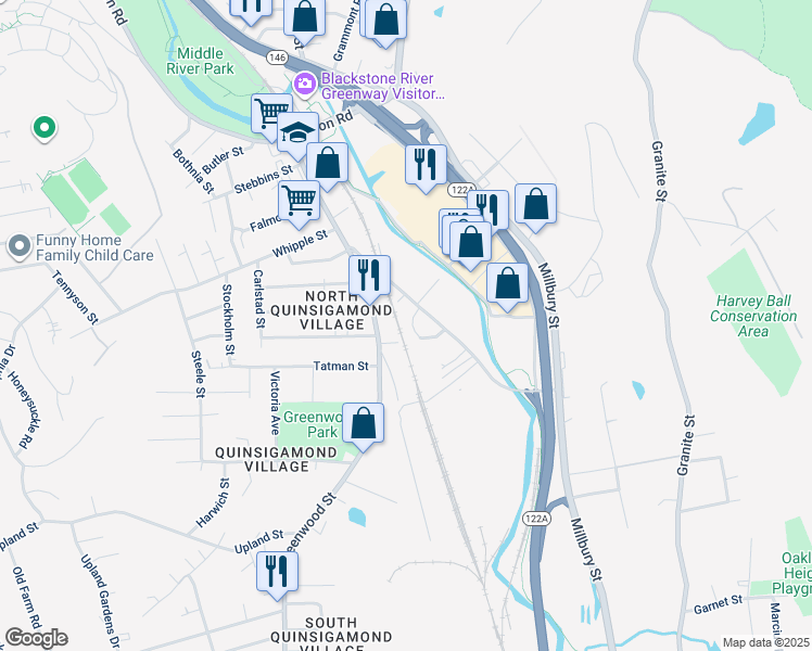 map of restaurants, bars, coffee shops, grocery stores, and more near 16 Dexter Street in Worcester