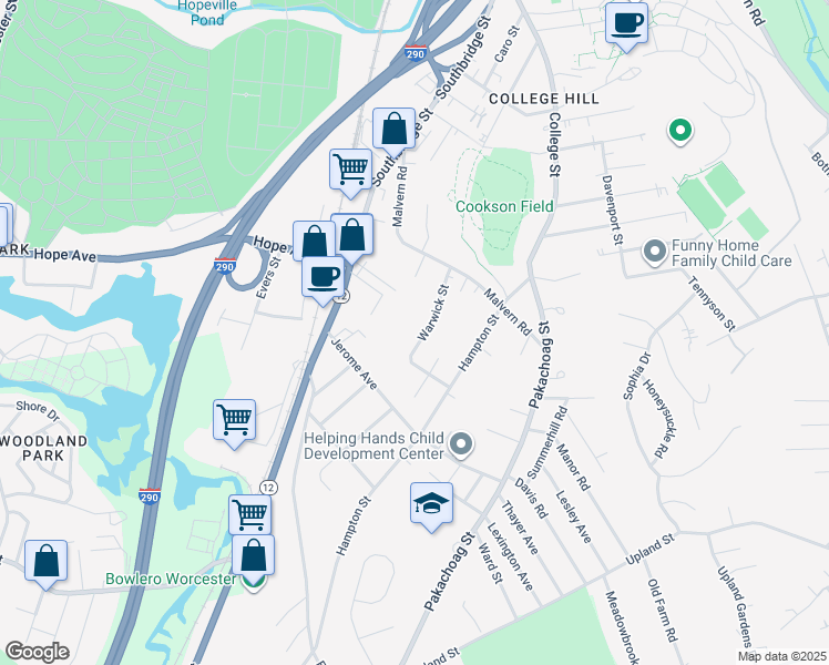 map of restaurants, bars, coffee shops, grocery stores, and more near 24 Warwick Street in Auburn