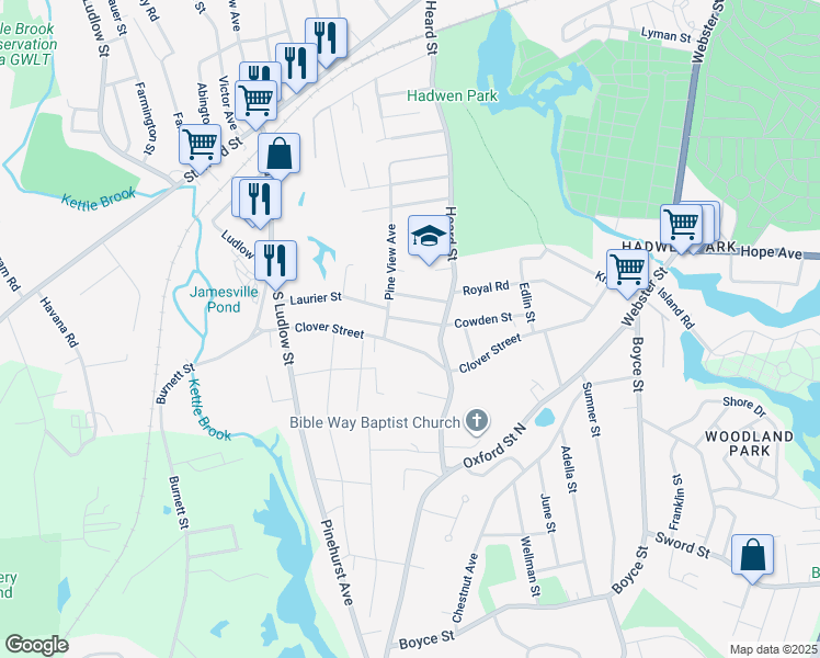 map of restaurants, bars, coffee shops, grocery stores, and more near 172 Clover Street in Worcester