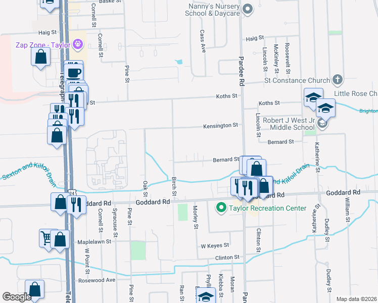 map of restaurants, bars, coffee shops, grocery stores, and more near 23026 Bernard Street in Taylor