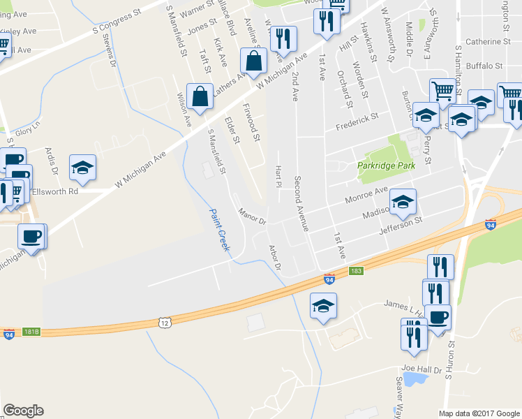 map of restaurants, bars, coffee shops, grocery stores, and more near 815 Monroe Street in Ypsilanti