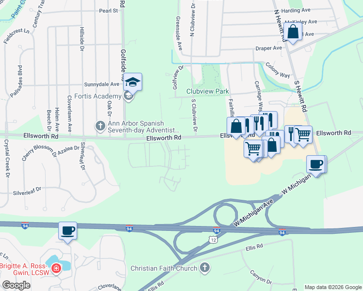 map of restaurants, bars, coffee shops, grocery stores, and more near 2972 Roundtree Boulevard in Ypsilanti
