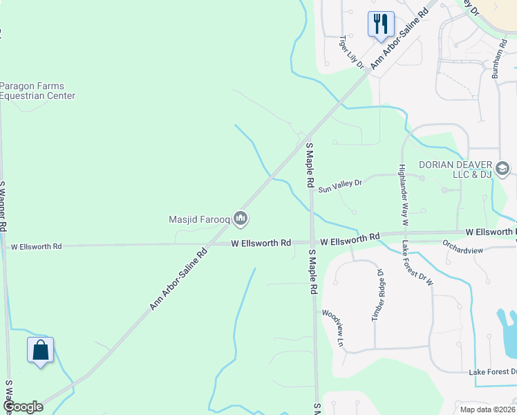 map of restaurants, bars, coffee shops, grocery stores, and more near 3909 Ann Arbor-Saline Road in Ann Arbor
