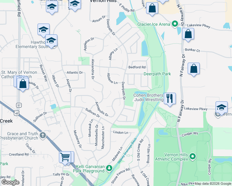 map of restaurants, bars, coffee shops, grocery stores, and more near 114 Allentown Court in Vernon Hills