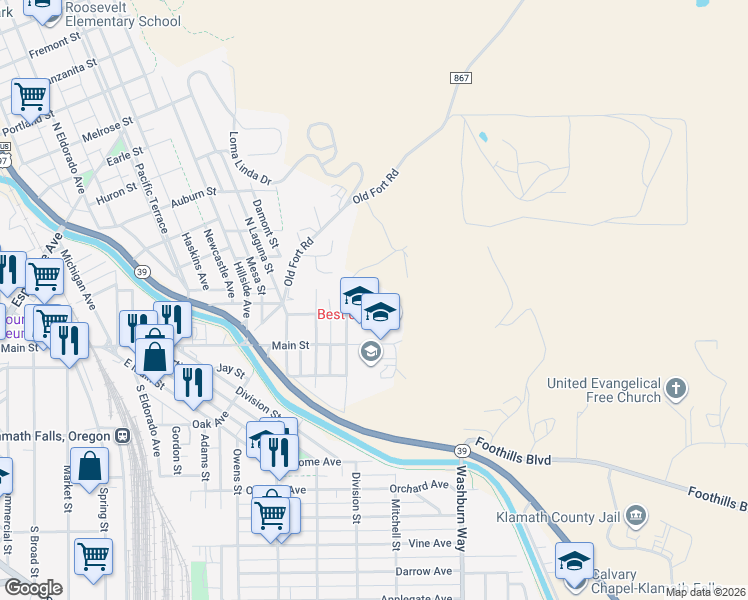 map of restaurants, bars, coffee shops, grocery stores, and more near 151 North Williams Avenue in Klamath Falls