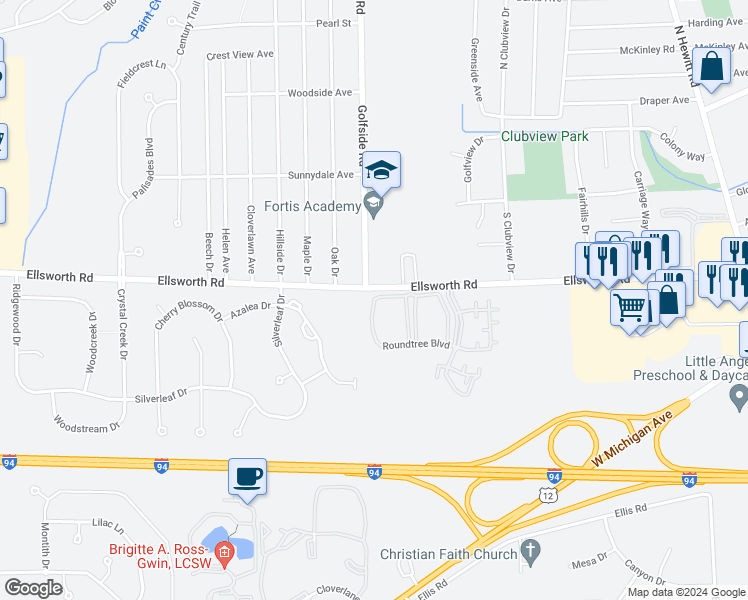 map of restaurants, bars, coffee shops, grocery stores, and more near Roundtree Boulevard in Ypsilanti