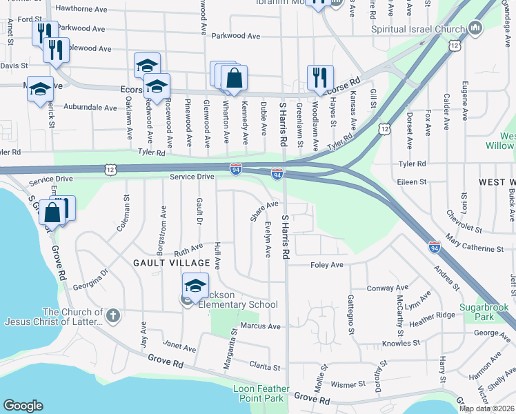 map of restaurants, bars, coffee shops, grocery stores, and more near 1144 Share Avenue in Ypsilanti