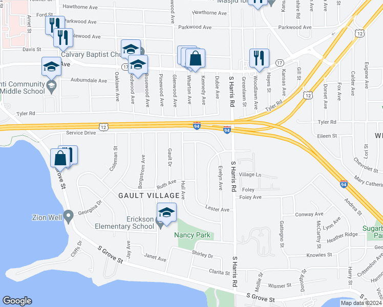 map of restaurants, bars, coffee shops, grocery stores, and more near 1070 Lester Avenue in Ypsilanti
