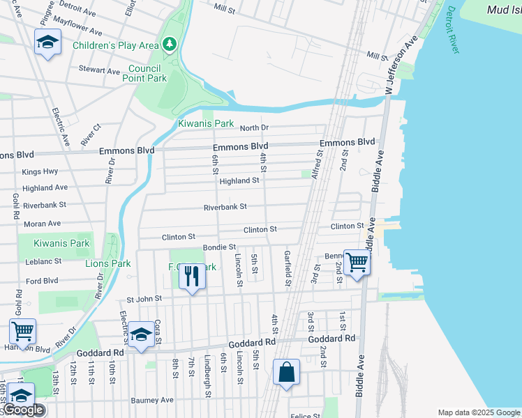 map of restaurants, bars, coffee shops, grocery stores, and more near 435 Riverbank Street in Wyandotte