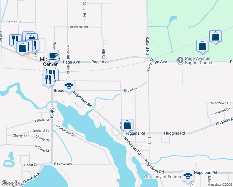 map of restaurants, bars, coffee shops, grocery stores, and more near 439 Broad Street in Michigan Center