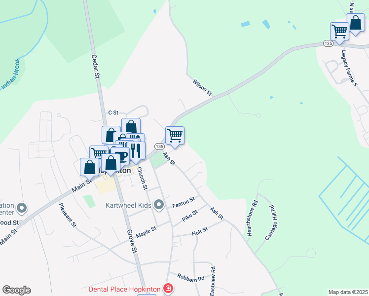map of restaurants, bars, coffee shops, grocery stores, and more near 11 Ash Street in Hopkinton